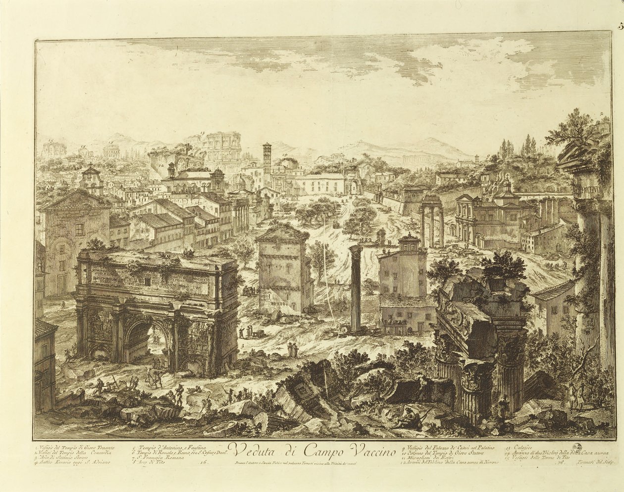 Italië, Rome, uitzicht op Campo Vaccino (Forum Romanum) met de Boog van Septimius Severus door Giovanni Battista Piranesi