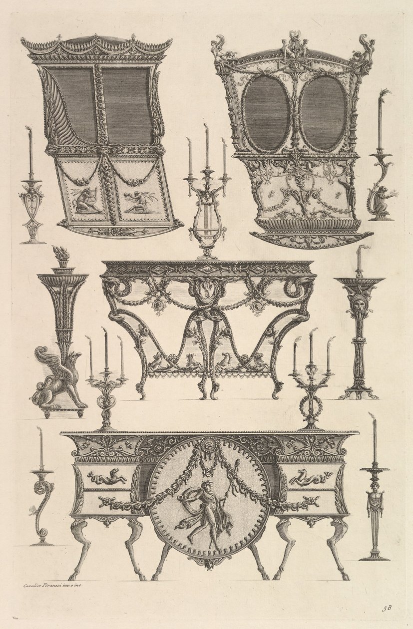 Diverse meubels waaronder twee draagstoelen, een bijzettafel en een commode, ca. 1769 door Giovanni Battista Piranesi