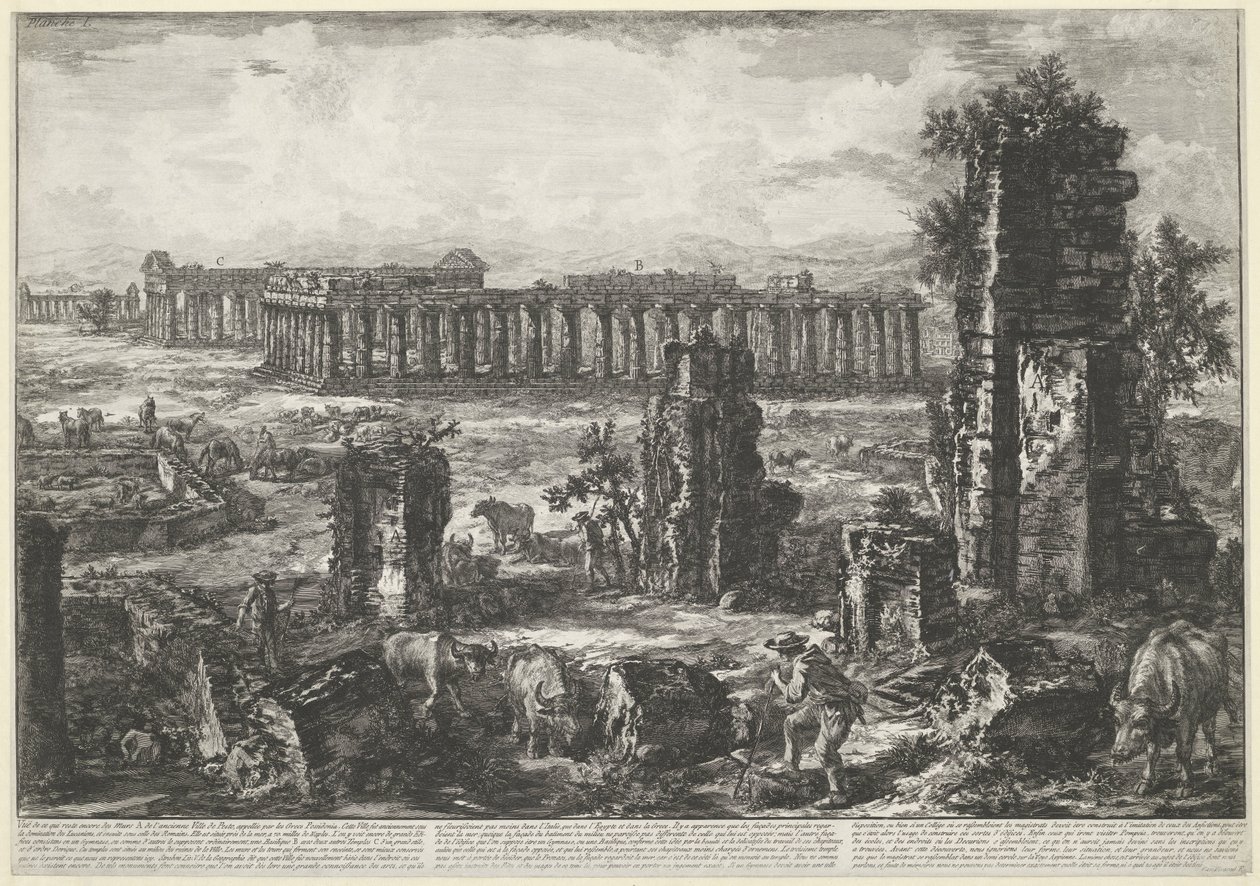 Oude stadsmuur en tempels te Paestum door Giovanni Battista Piranesi