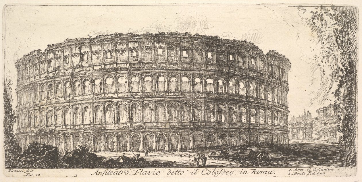 Plaat 12: Flavisch Amfitheater, genaamd het Colosseum. 1. Boog van Constantijn. 2. Palat..., ca. 1748 door Giovanni Battista Piranesi