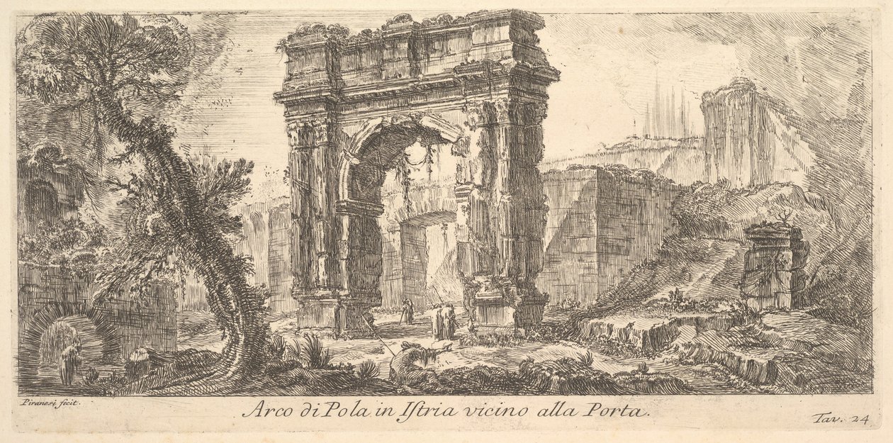 Plaat 24: Boog van Pola in Istrië bij de poort Arco di Pola in Istrië vicino alla Por..., ca. 1750 door Giovanni Battista Piranesi