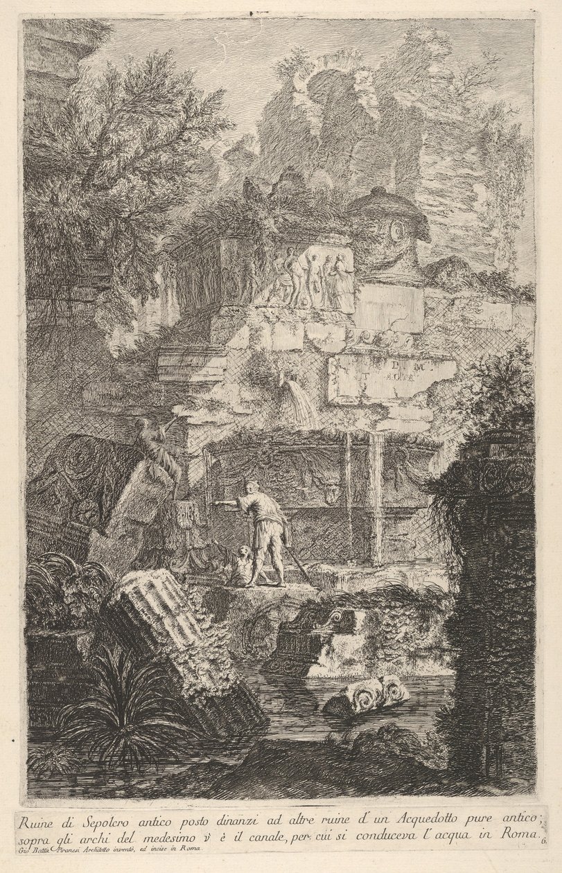 Plaat 6: Ruïnes van een oud graf voor ruïnes van een oud aquaduct, boven de boog..., 1743 door Giovanni Battista Piranesi