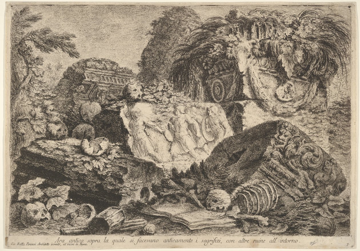 Plaat 7: Oud altaar waarop in de oudheid offers werden gebracht, omringd door anderen, 1743 door Giovanni Battista Piranesi