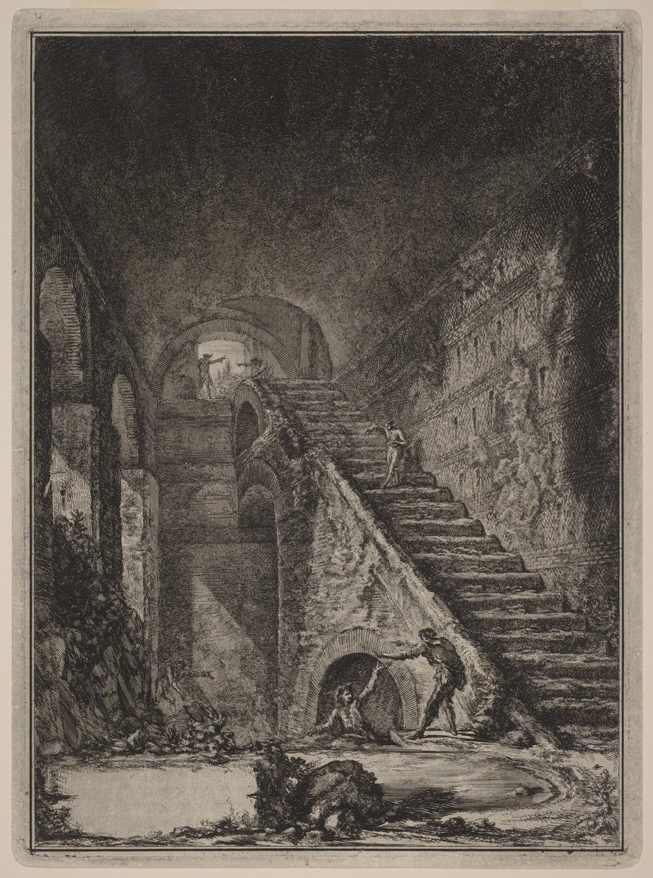 Perspectief van de trap van het waterreservoir van de reeds genoemde verblijven, op de plattegrond aangeduid in plaat XIII met de letter G. door Giovanni Battista Piranesi
