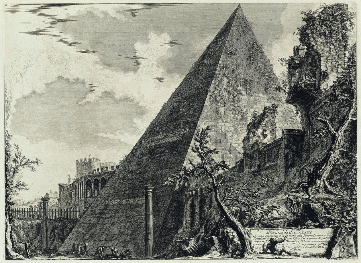 Piramide van Gaius Cestius (uit: Vedute di Roma) door Giovanni Battista Piranesi