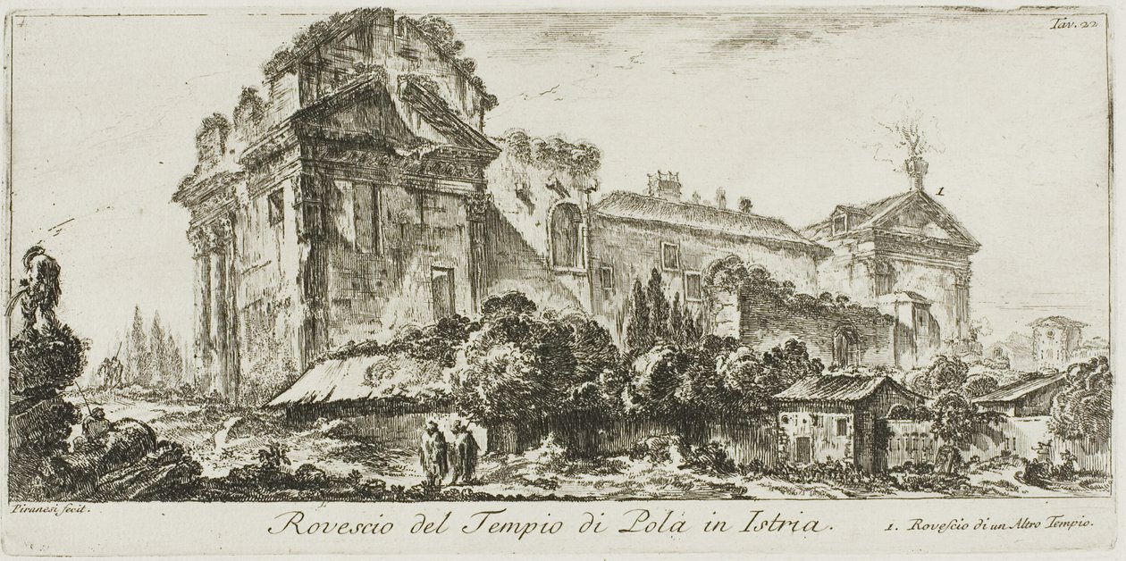Achteraanzicht van de tempel van Pola in Istrië. Achteraanzicht van een andere tempel, plaat 22 uit Enkele uitzichten van triomfbogen en andere monumenten door Giovanni Battista Piranesi