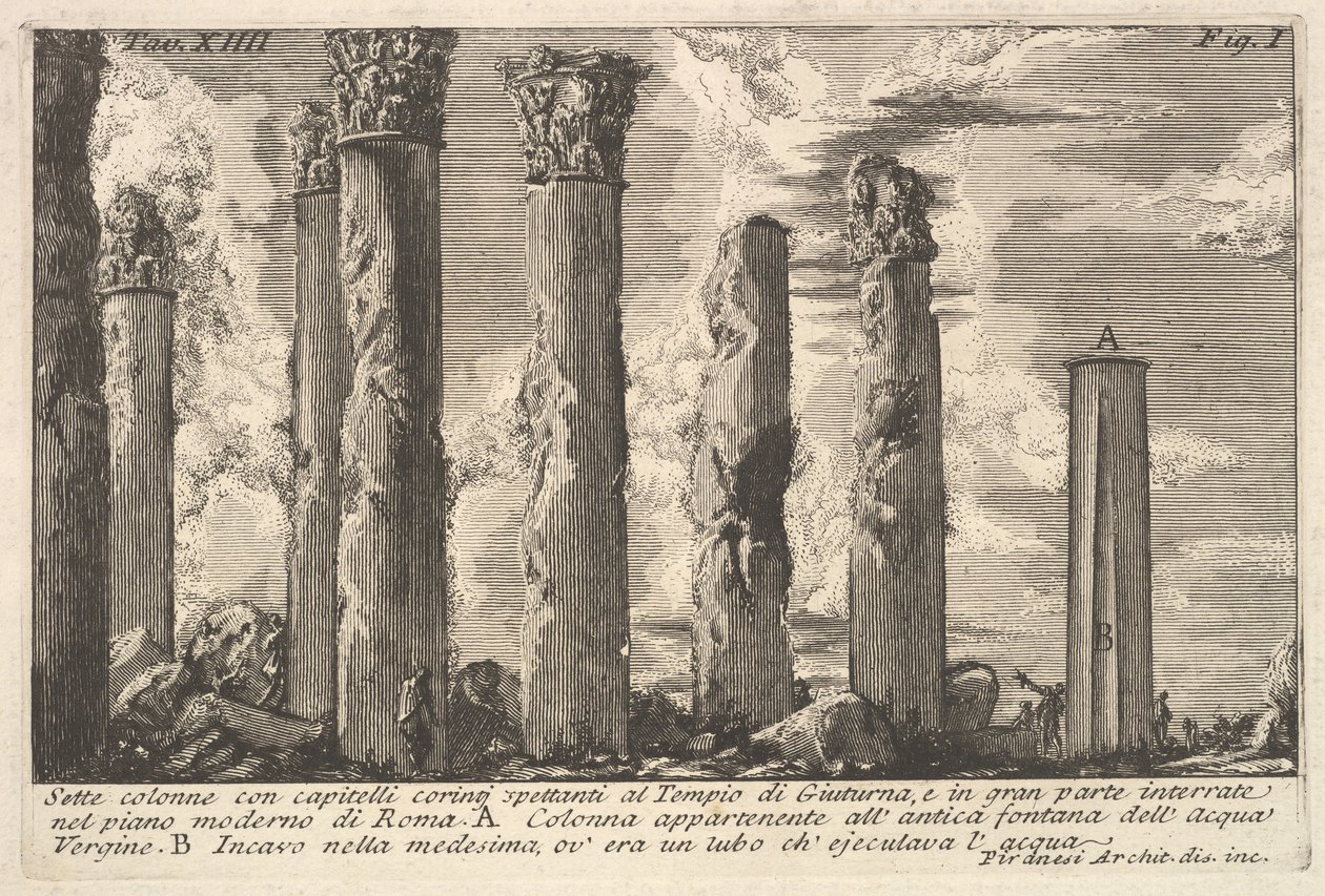 Zeven zuilen van de Tempel van Juturna met Korinthische kapitelen... Sette colon..., 18e eeuw door Giovanni Battista Piranesi