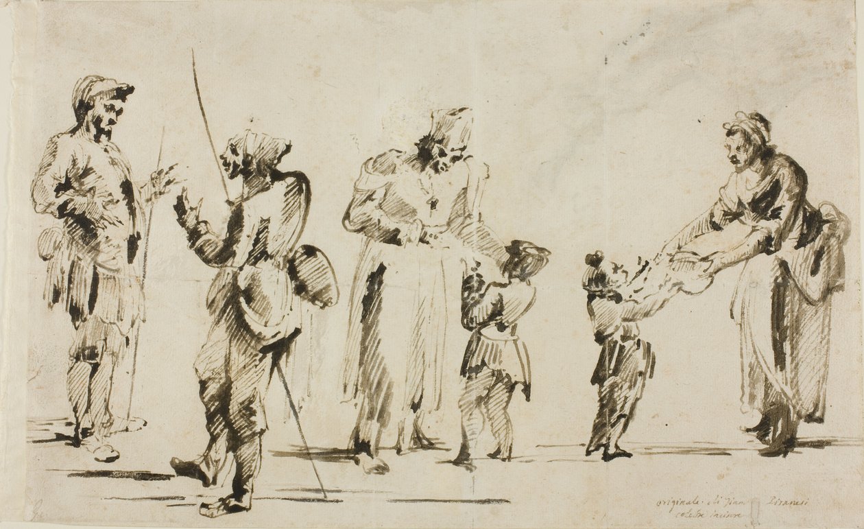 Blad met schetsen: zes figuren door Giovanni-Battista Piranesi