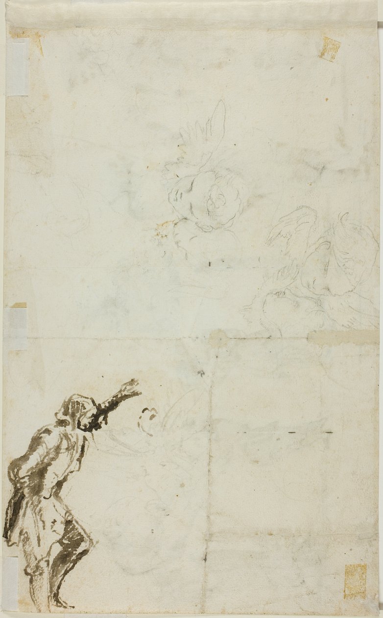Blad met schetsen: Staande man met opgeheven arm, cherubijnen door Giovanni Battista Piranesi