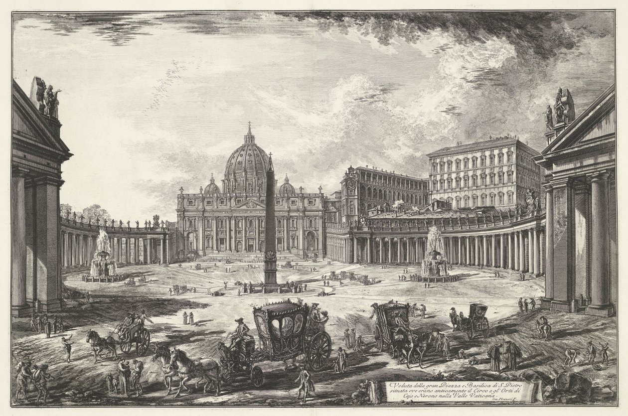 Sint-Pietersplein met de Sint-Pietersbasiliek te Vaticaanstad door Giovanni-Battista Piranesi
