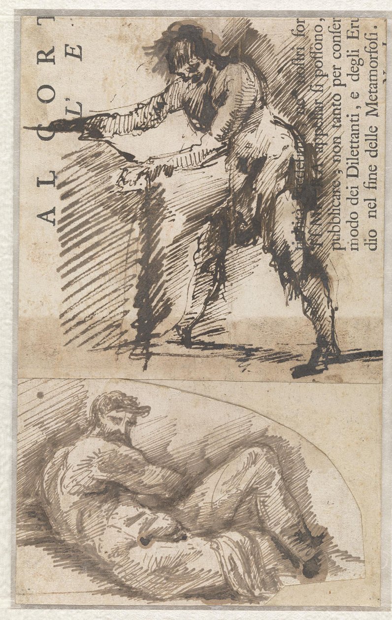 Studie naar een staande mannenfiguur die een basement opmeet (a). Studie naar Il Giorno van Michelangelo (b) door Giovanni Battista Piranesi