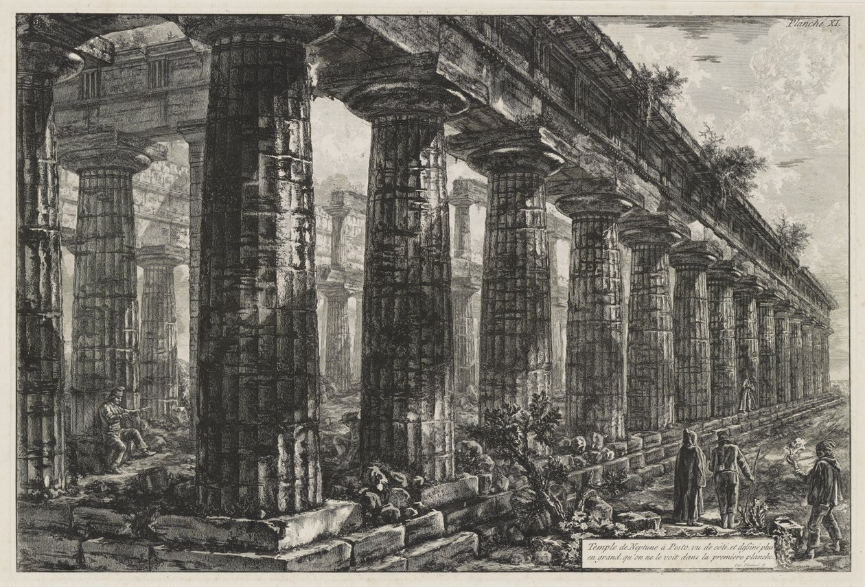 Tempel van Neptunus in Paestum, van opzij gezien en op grotere schaal getekend dan op de eerste plaat te zien is, uit Différentes vues de ... Pesto (Differen door Giovanni Battista Piranesi