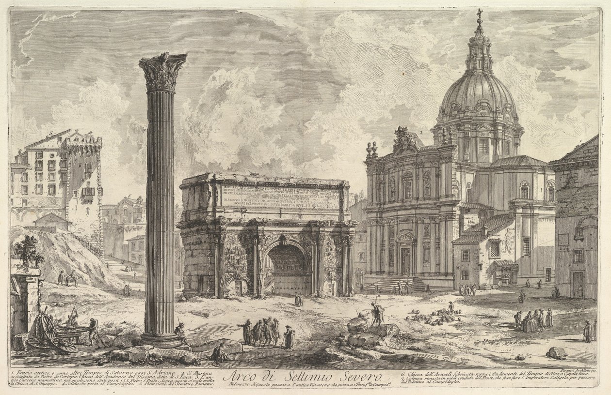 De Boog van Septimius Severus, met de kerk van S. Martina rechts (Arco di Settimio Severo), uit “Vedute di Roma” door Giovanni Battista Piranesi