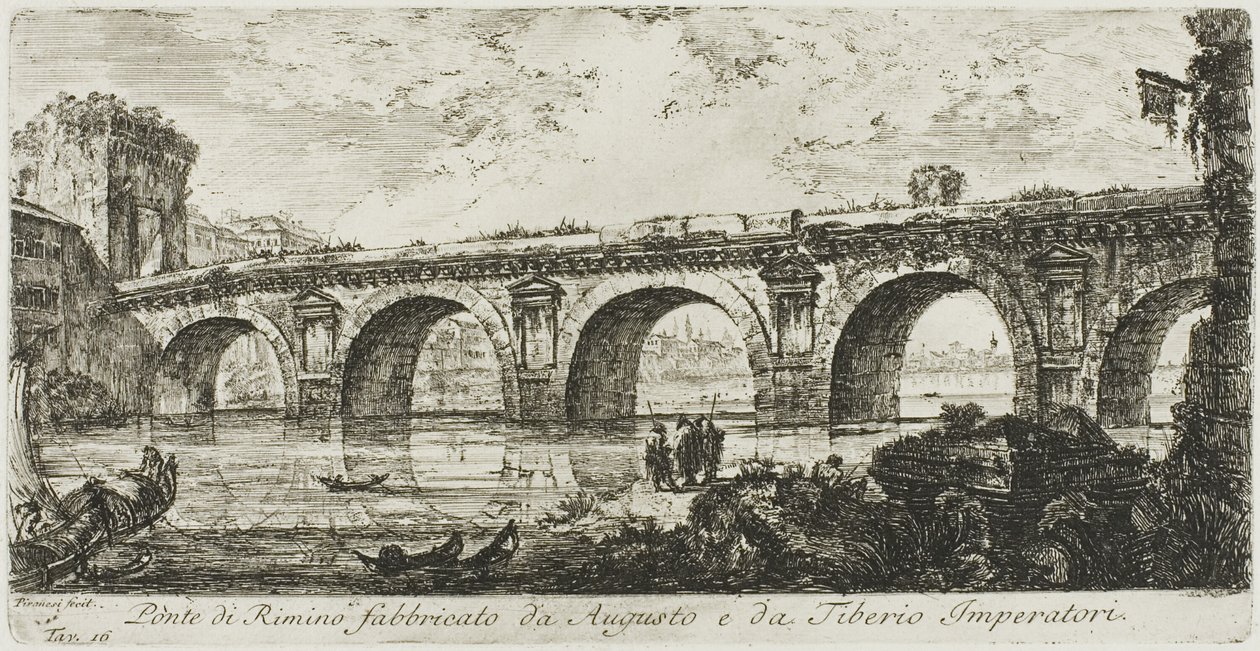 De brug in Rimini gebouwd door de keizers Augustus en Tiberius, plaat 16 uit Enkele uitzichten van triomfbogen en andere monumenten door Giovanni Battista Piranesi