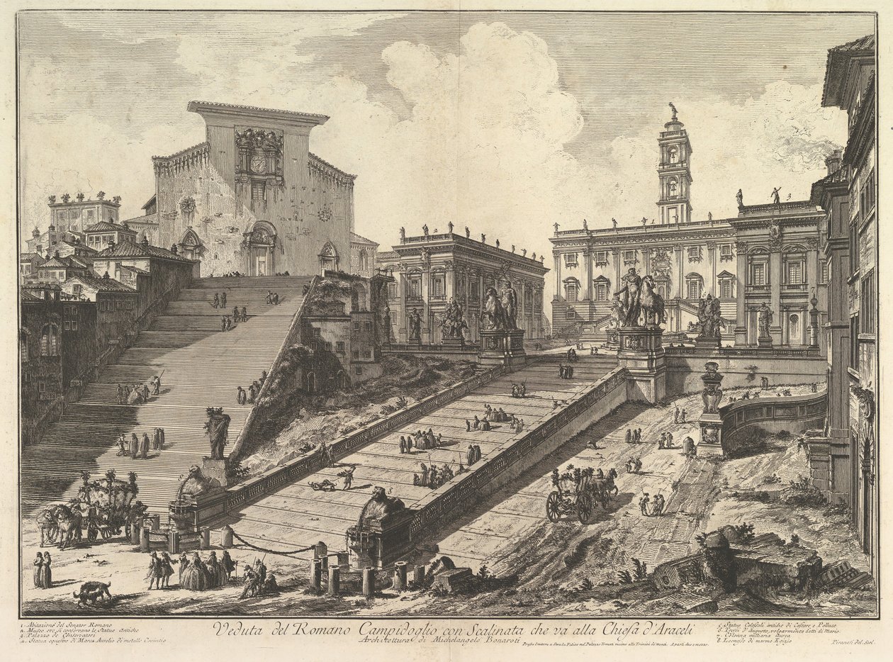 Het Capitool en de treden van S. Maria in Aracoeli Veduta del Romano Camipidoglio con ..., ca. 1775 door Giovanni Battista Piranesi