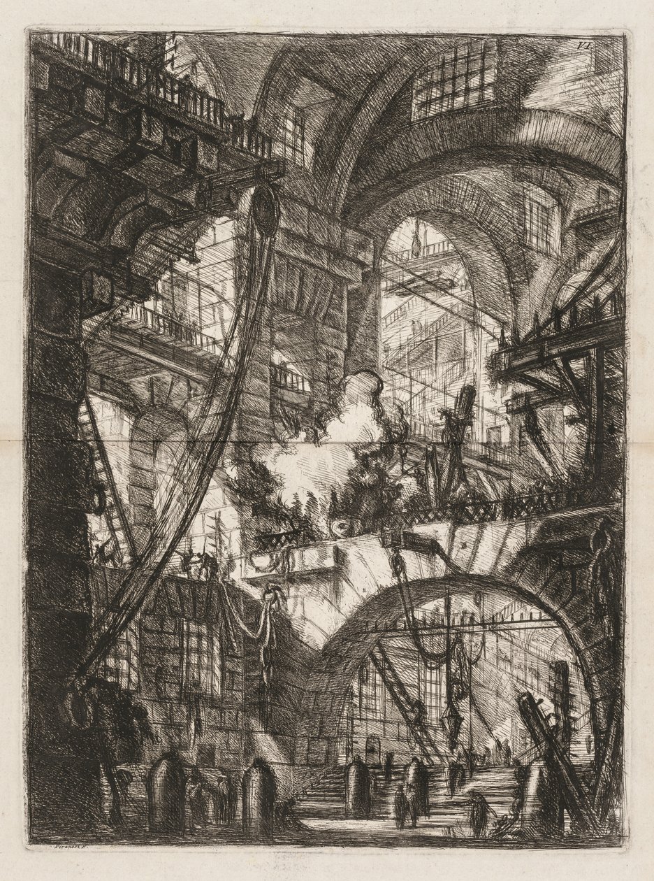 De Gevangenissen: Een Perspectief van Bogen met een Rokend Vuur in het Midden door Giovanni Battista Piranesi