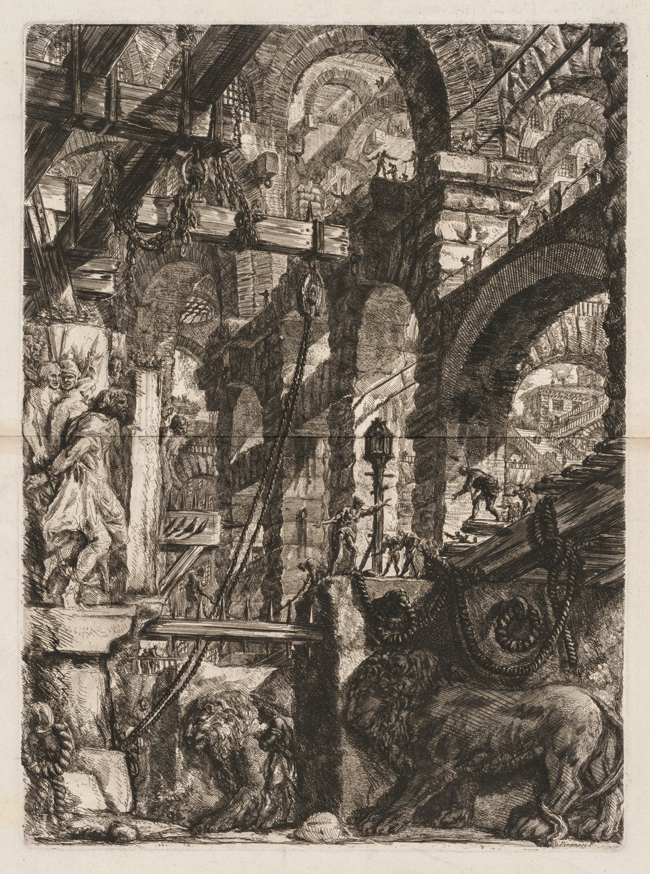 De gevangenissen: Een perspectief van Romeinse bogen, met twee leeuwen in reliëf gesneden door Giovanni Battista Piranesi