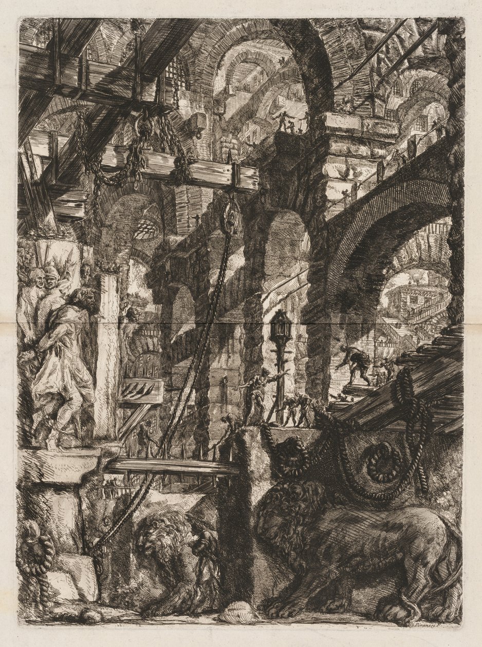 De gevangenissen: Een perspectief van Romeinse bogen, met twee leeuwen in reliëf gehouwen op stenen platen op de voorgrond door Giovanni Battista Piranesi