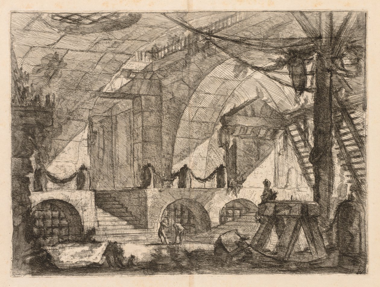 De gevangenissen: Een gewelfde kamer met palen en kettingen door Giovanni Battista Piranesi
