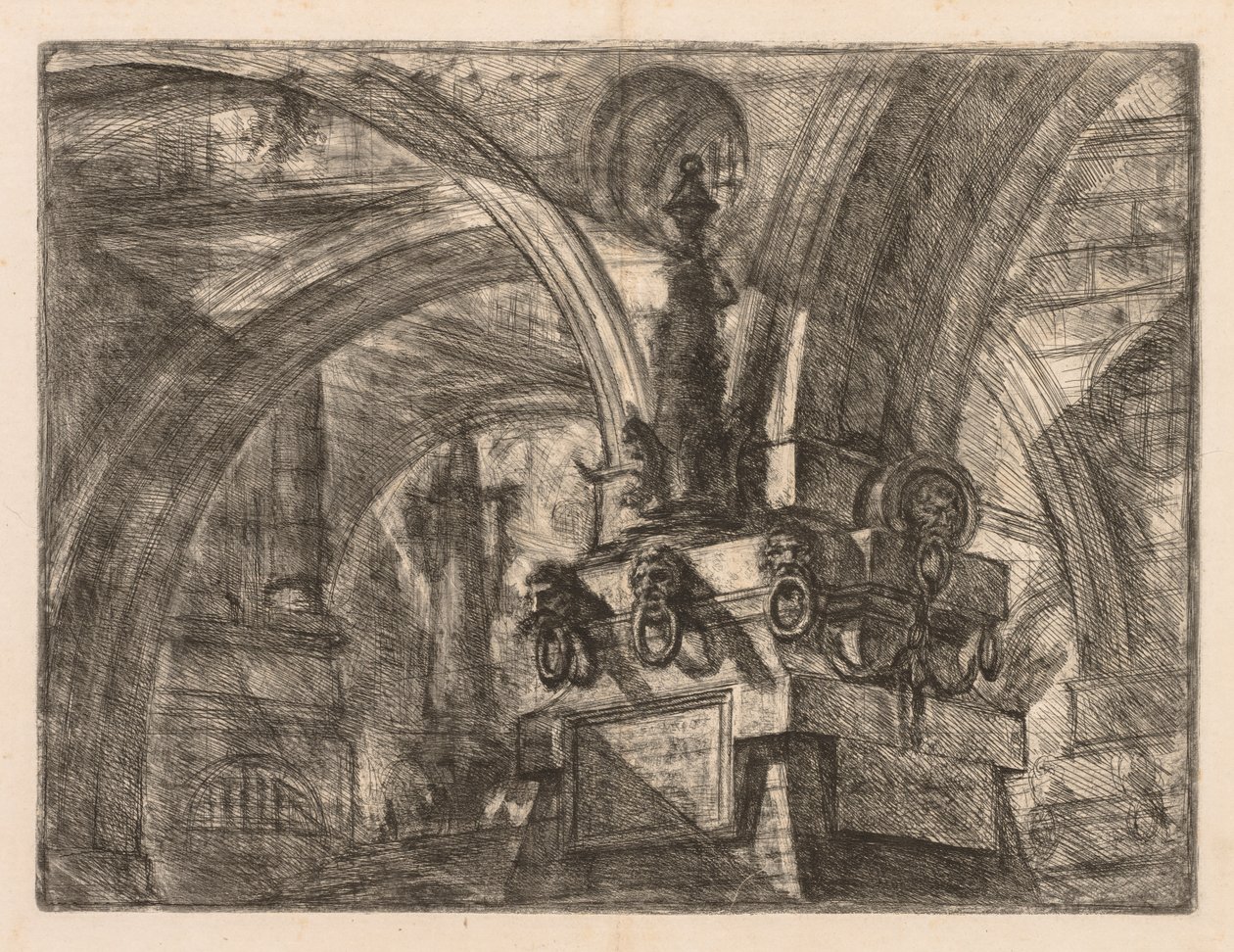 De gevangenissen: ronde bogen die uit een vierkante kolom ontspringen, 1745-1750 door Giovanni Battista Piranesi