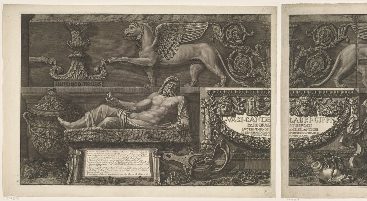 Titelprent met sculpturen, gebeeldhouwde reliëfs en een sarcofaag met titel Vazen, kandelaars, grafstenen, sarcofagen, tripods, lampen en ornamenten ontworpen en gegraveerd door Giovanni Battista Piranesi door Giovanni Battista Piranesi