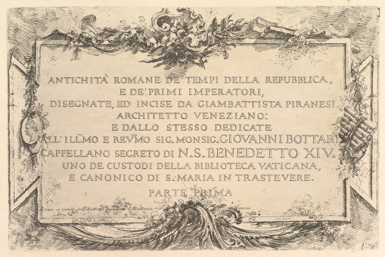 Titelpagina: Romeinse Oudheid van de Tijd van de Republiek en de Eerste Keizers Antich..., ca. 1748 door Giovanni Battista Piranesi