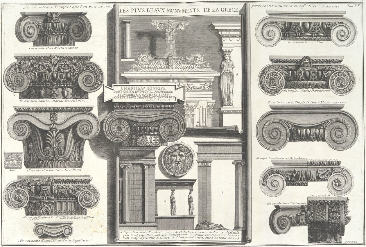 Verschillende Romeinse Ionische kapitelen vergeleken met Griekse voorbeelden..., midden 18e eeuw door Giovanni Battista Piranesi