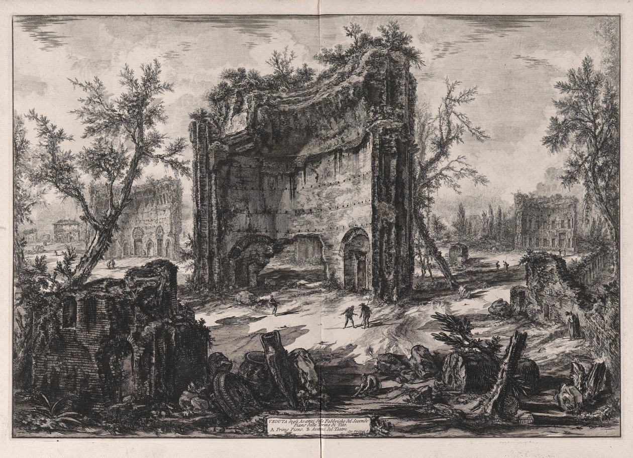 Veduta degli Avanzi delle Fabbriche del Secondo Piano delle Terme di Tito, uit Vedute di Roma door Giovanni Battista Piranesi
