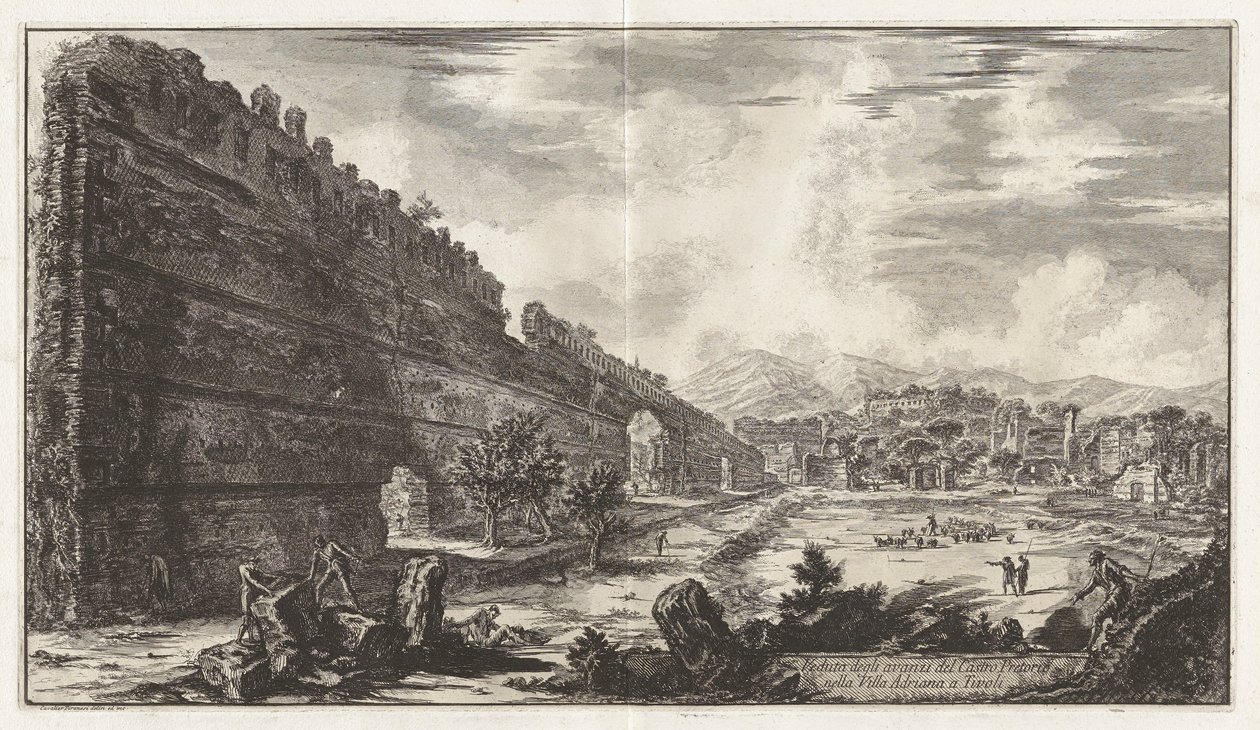 Veduta degli avanzi del Castro Pretorio nella Villa Adriana a Tivoli (Uitzicht op de Overblijfselen van het Praetoriaanse Fort [de Poecile] in Hadrianus
