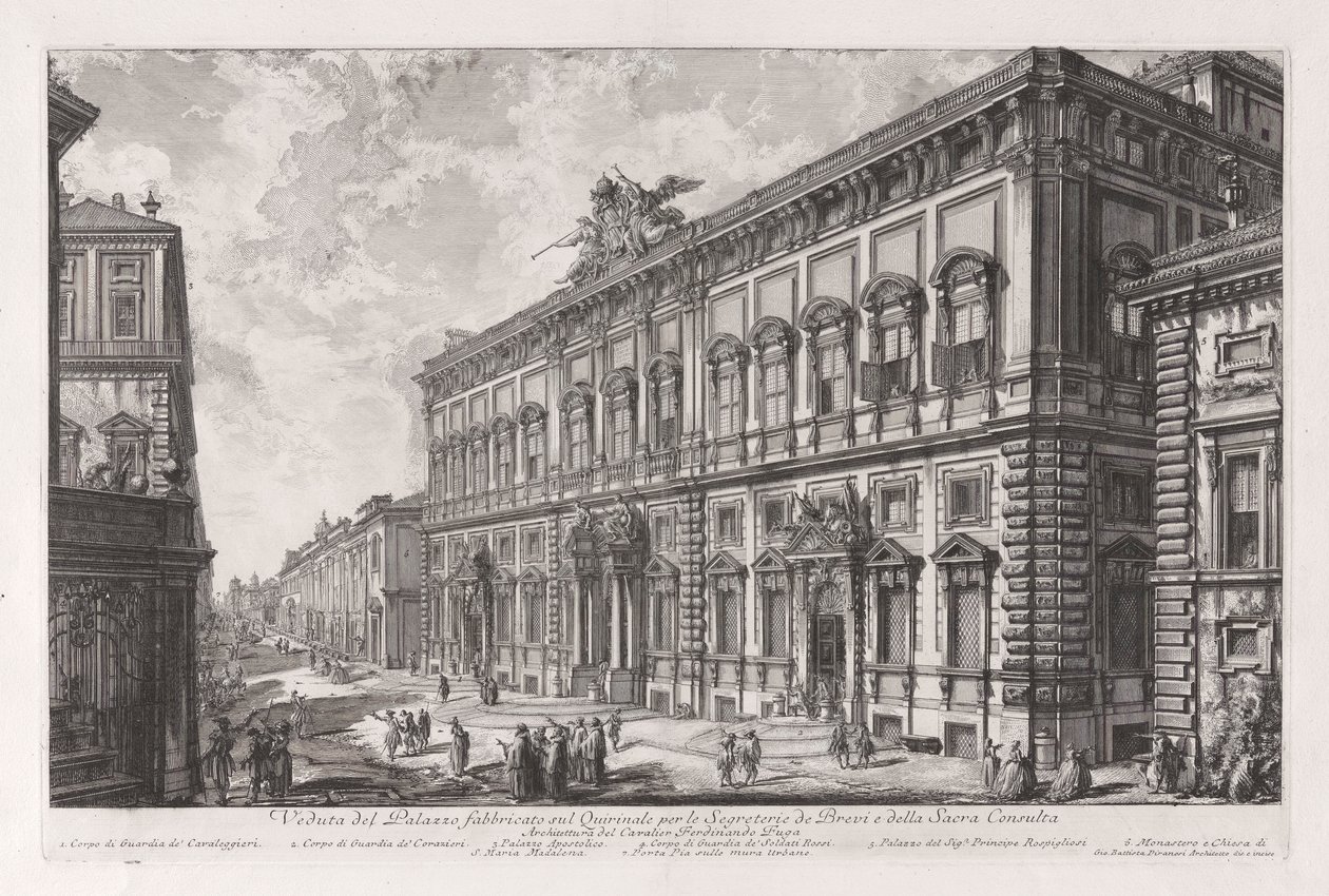 Veduta del Palazzo fabbricato sul Quirinale per le Segreteria de Brevi et della Sacra Consulta (Uitzicht op het Palazzo Gebouwd op het Quirinaal voor de Secretaris van de Brieven en de Heilige Raad), uit Vedute di Roma door Giovanni Battista Piranesi