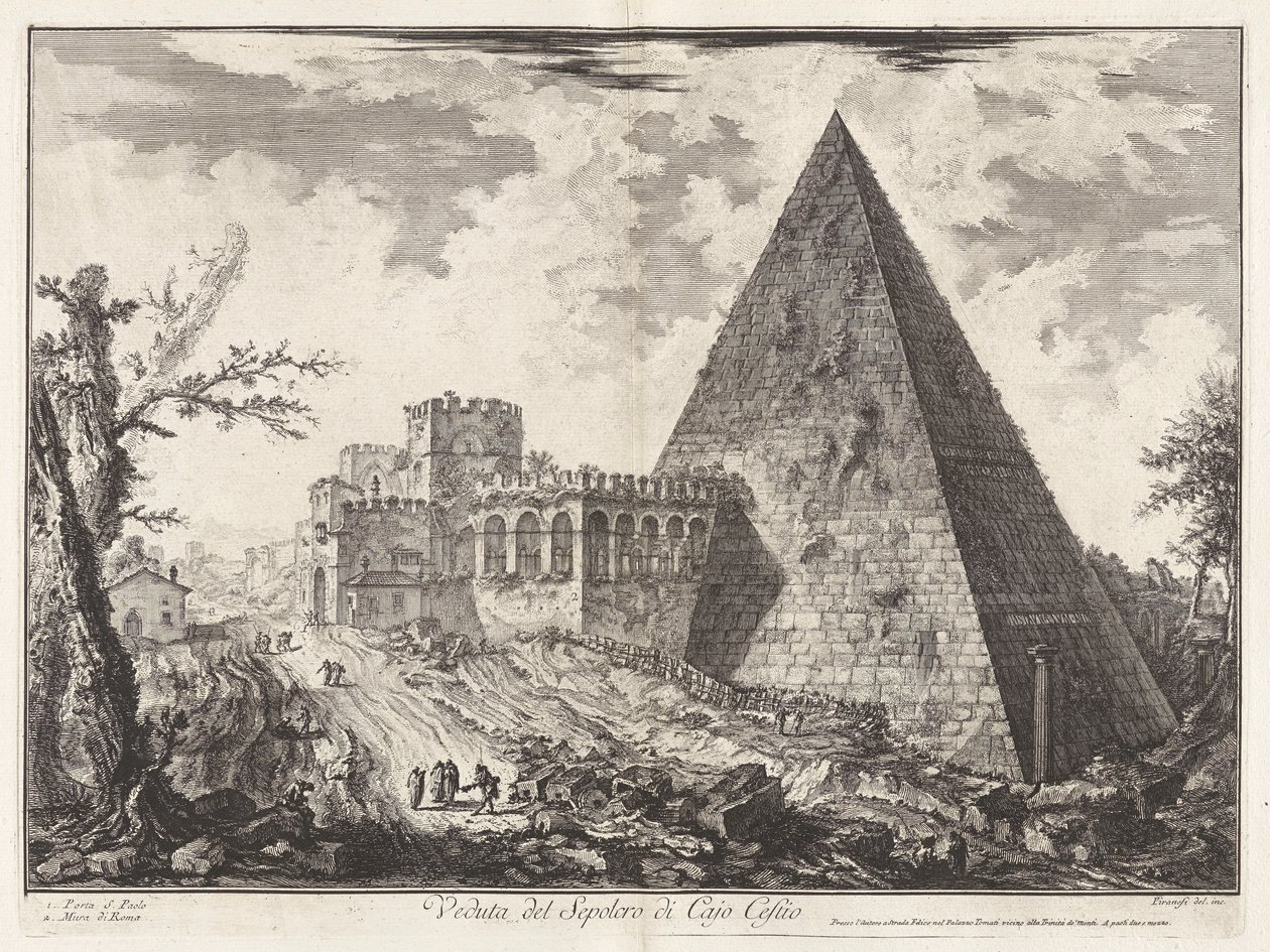 Veduta del Sepolcro di Cajo Cestio (Uitzicht op de piramidale tombe van Caius Cestius [met de Porta S. Paolo links]), uit Vedute di Roma (Gezichten van Rome) door Giovanni Battista Piranesi