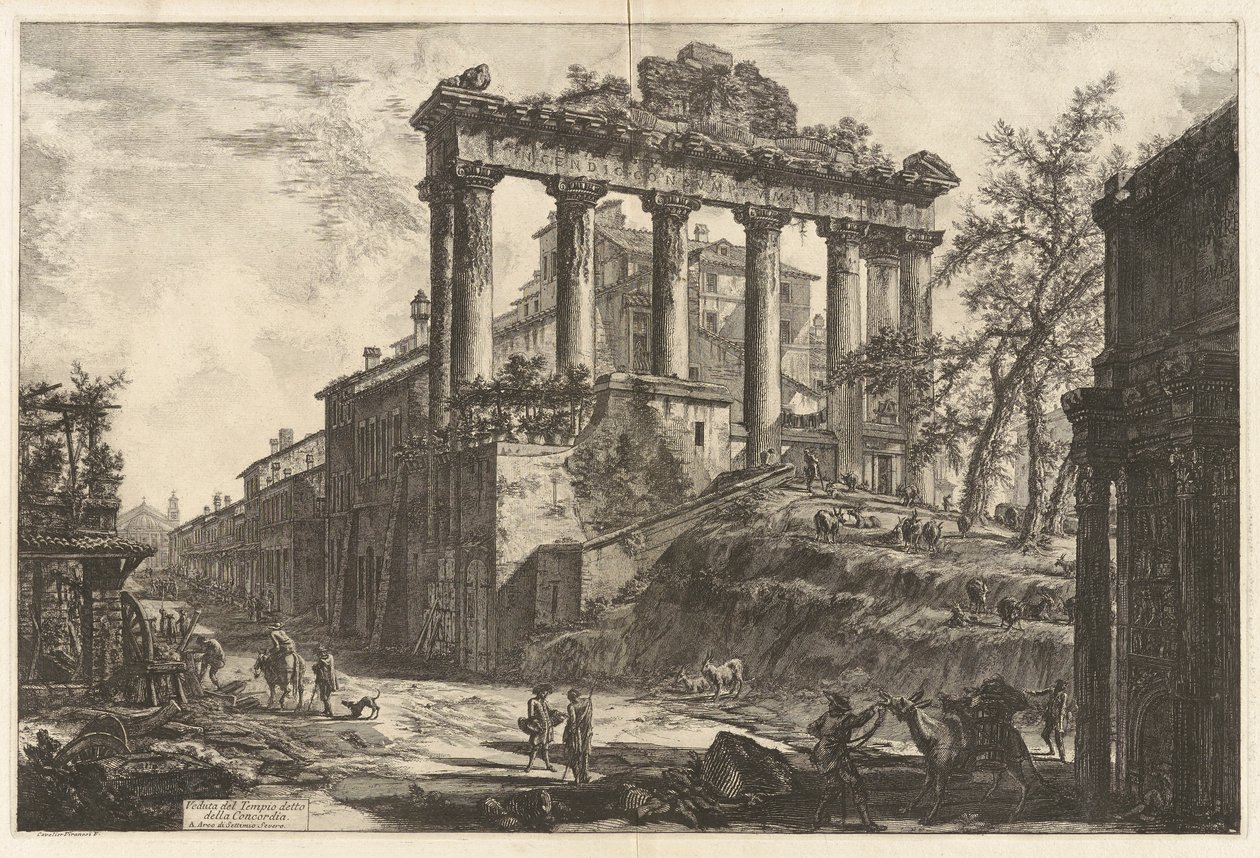 Gezicht op de zogenaamde Tempel van Concordia (de Tempel van Saturnus met de Boog van Septimius Severus op de voorgrond rechts), uit Vedute di Roma door Giovanni-Battista Piranesi