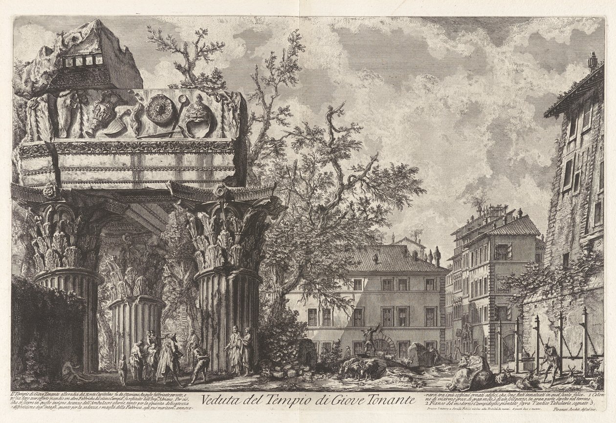 Uitzicht op de Tempel van Jupiter Tonans (Jupiter de Donderaar; eigenlijk de Tempel van Vespasianus en Titus), uit Vedute di Roma door Giovanni Battista Piranesi