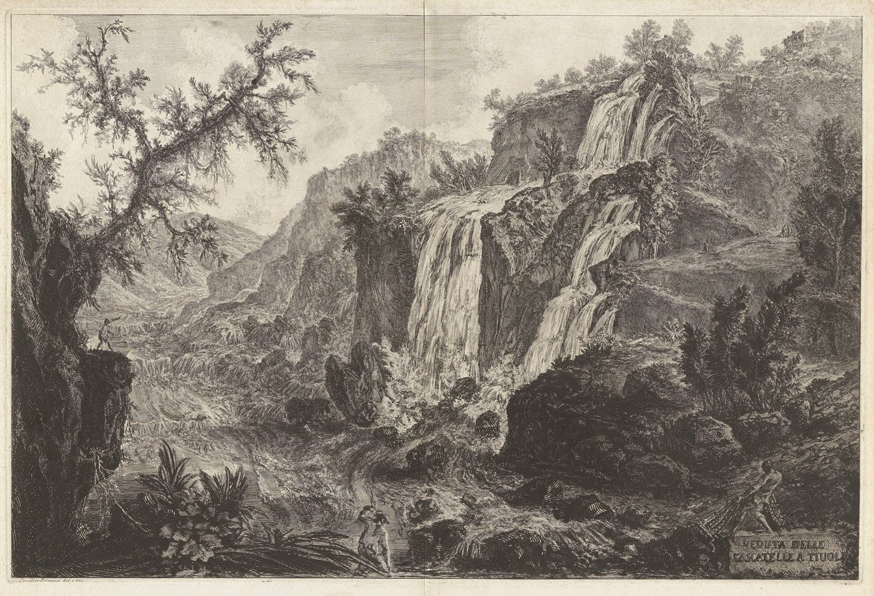 Uitzicht op kleine watervallen bij Tivoli, uit Vedute di Roma door Giovanni Battista Piranesi