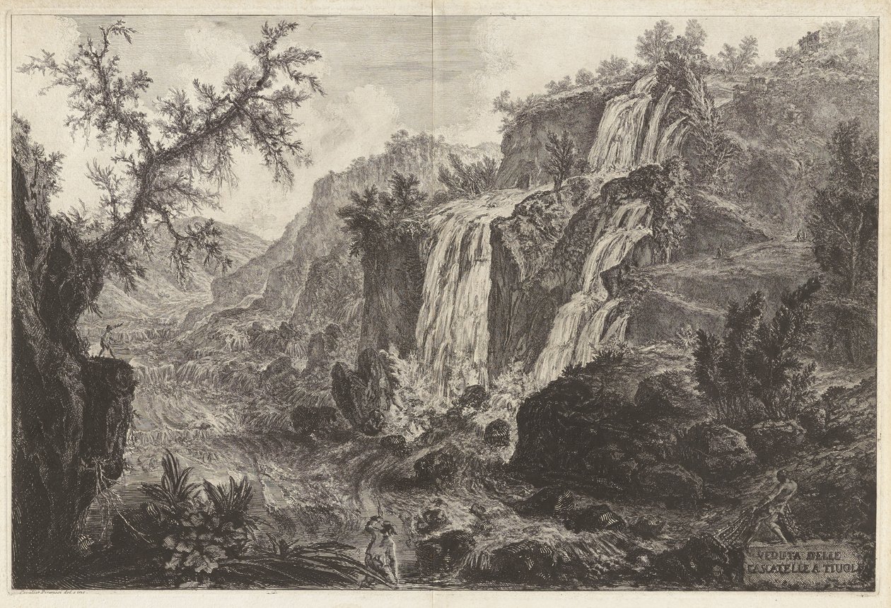 Gezicht op de kleine watervallen bij Tivoli, uit Vedute di Roma door Giovanni Battista Piranesi