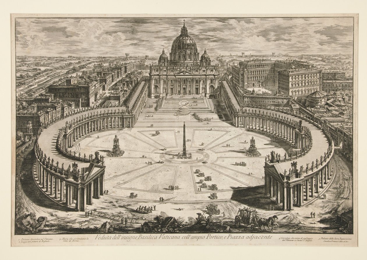 Gezicht op de vermaarde Vaticaanse basiliek met de ruime portiek en het aangrenzende plein, uit Vedute di Roma door Giovanni Battista Piranesi