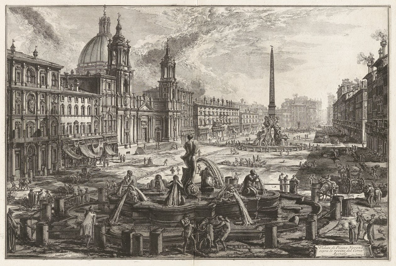 Veduta di Piazza Navona sopra le rovine del Circo Agonale (Uitzicht op het Piazza Navona boven de Ruïnes van het Circus Agonalis [Circus van Domitianus]), uit Vedute di Roma (Gezichten van Rome) door Giovanni Battista Piranesi