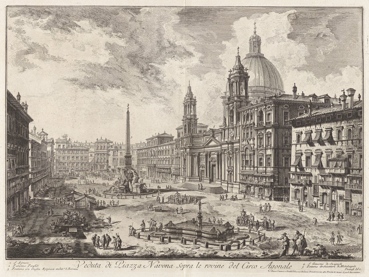 Gezicht op de Piazza Navona boven de ruïnes van het Circus Agonalis (Gezicht op de Piazza Navona boven de ruïnes van het circus van Domitianus), uit Vedute di Roma (Gezichten van Rome) door Giovanni Battista Piranesi