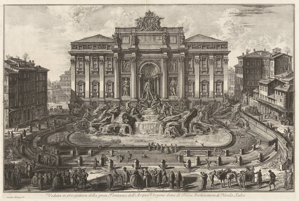 Perspectivisch gezicht op de grote fontein van de Acqua Vergine, de Trevifontein genoemd, architectuur van Nicola Salvi, uit Vedute di Roma door Giovanni Battista Piranesi