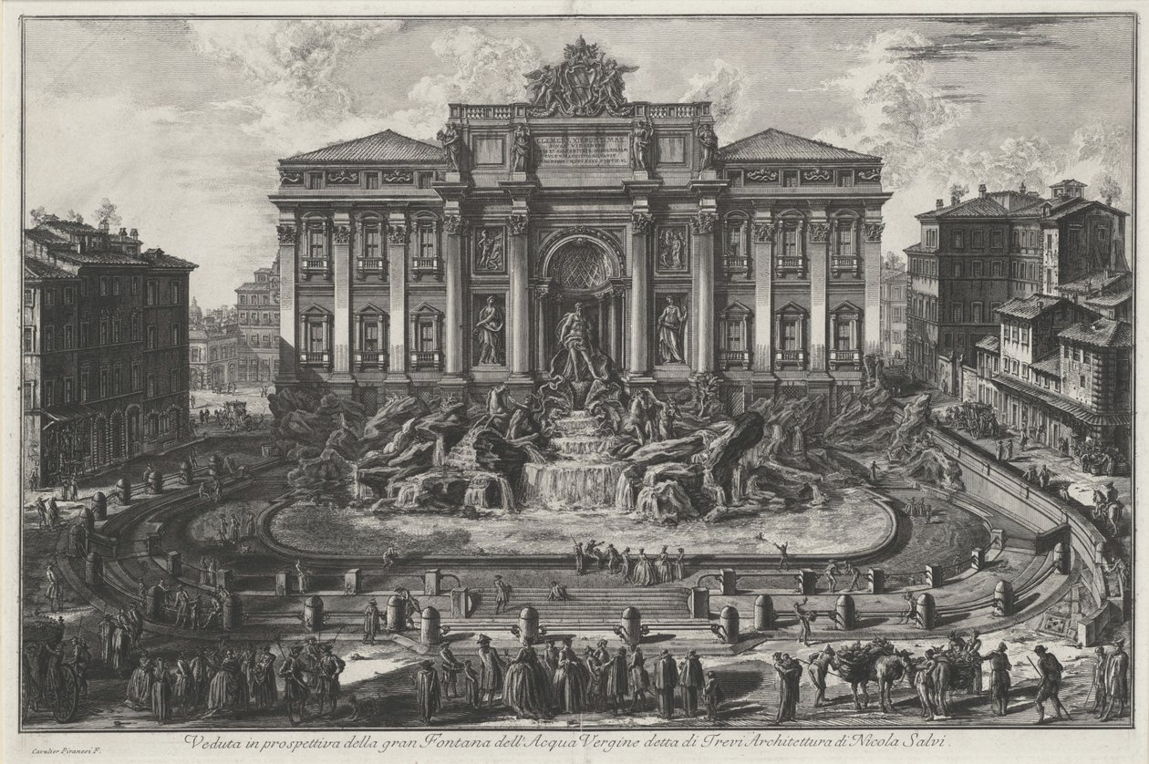 Perspectivisch gezicht op de grote fontein van de Acqua Vergine, genaamd Trevi, architectuur van Nicola Salvi door Giovanni Battista Piranesi