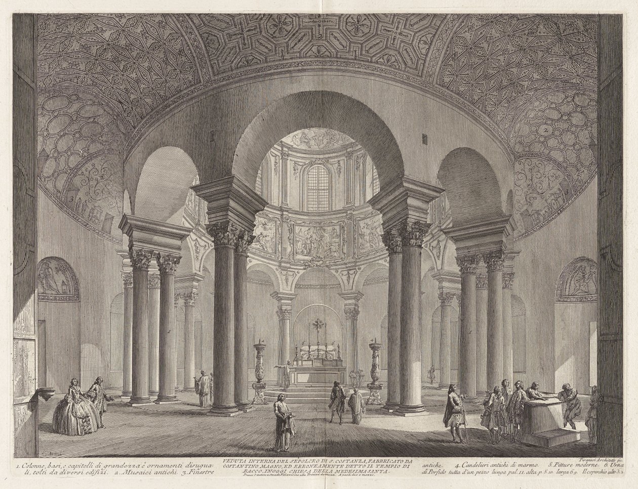 Binnenaanzicht van het grafmonument van de heilige Costanza, gebouwd door Constantijn de Grote en ten onrechte de Tempel van Bacchus genoemd, thans kerk van dezelfde heilige door Giovanni Battista Piranesi