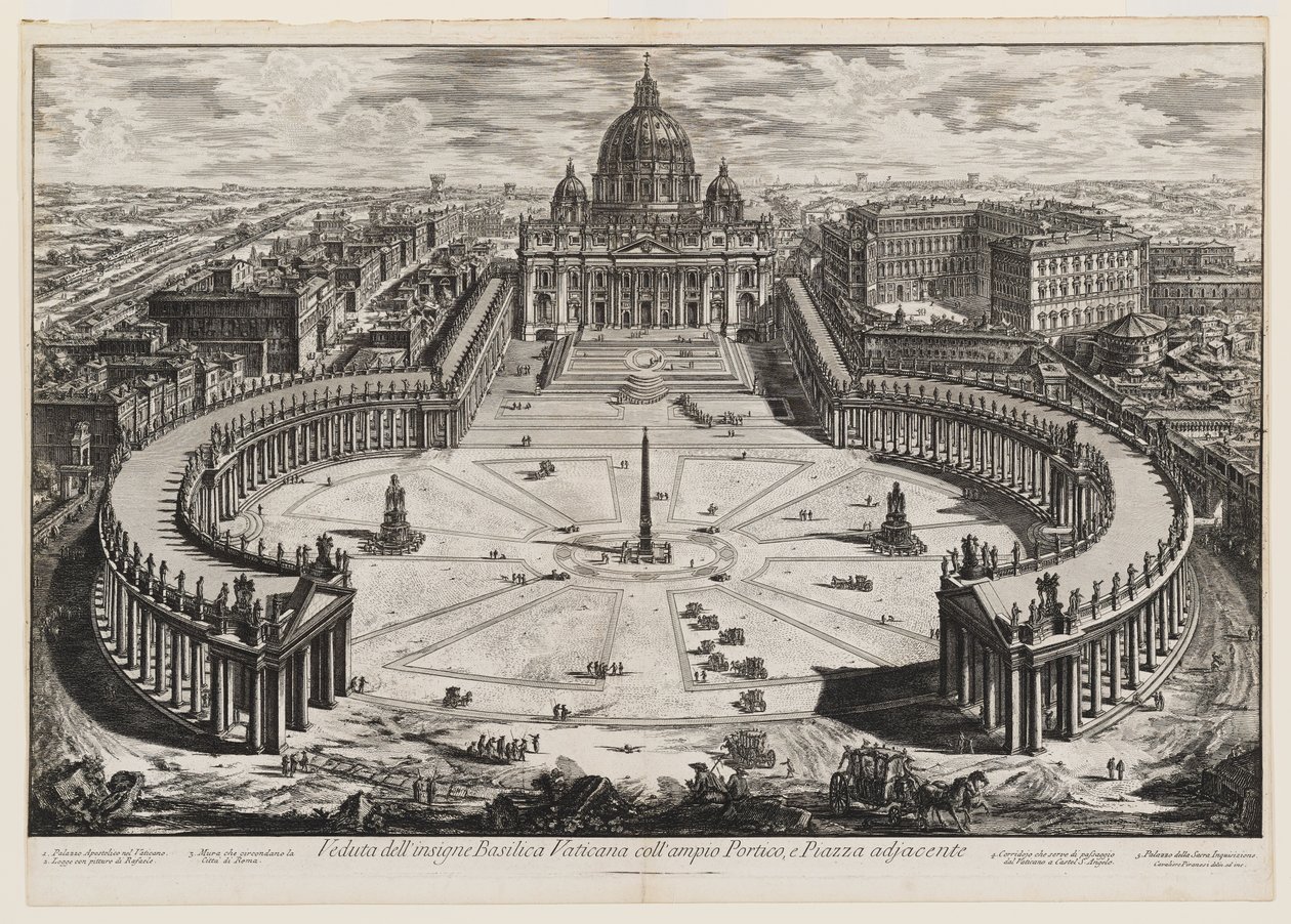 Gezicht op de voorname Vaticaanse basiliek met de ruime portiek en het aangrenzende plein, plaat 120 uit Gezichten van Rome door Giovanni Battista Piranesi