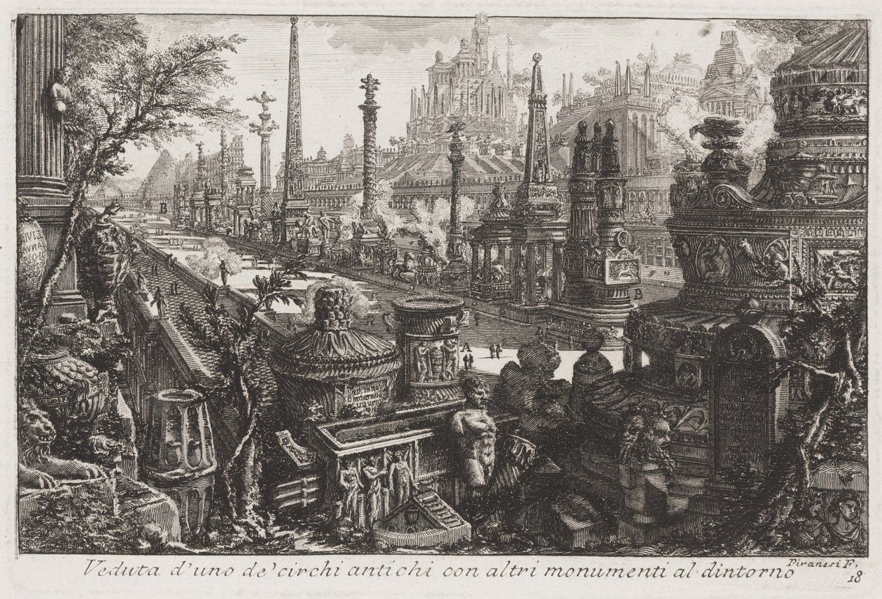 Zicht op een oud circus met andere monumenten binnenin, c.1760 (ets) door Giovanni Battista Piranesi