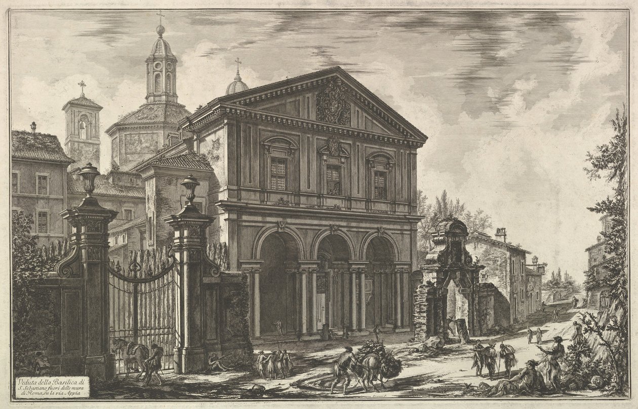 Uitzicht op de basiliek van San Sebastiano fuori delle mura [Sint Sebastiaan buiten de muren], ca. 1750 door Giovanni Battista Piranesi