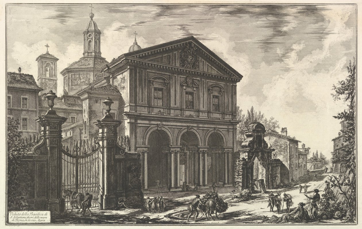 Gezicht op de basiliek San Sebastiano fuori delle mura [Sint-Sebastiaan buiten de muren] aan de Via Appia, uit Vedute di Roma (Gezichten van Rome) door Giovanni Battista Piranesi