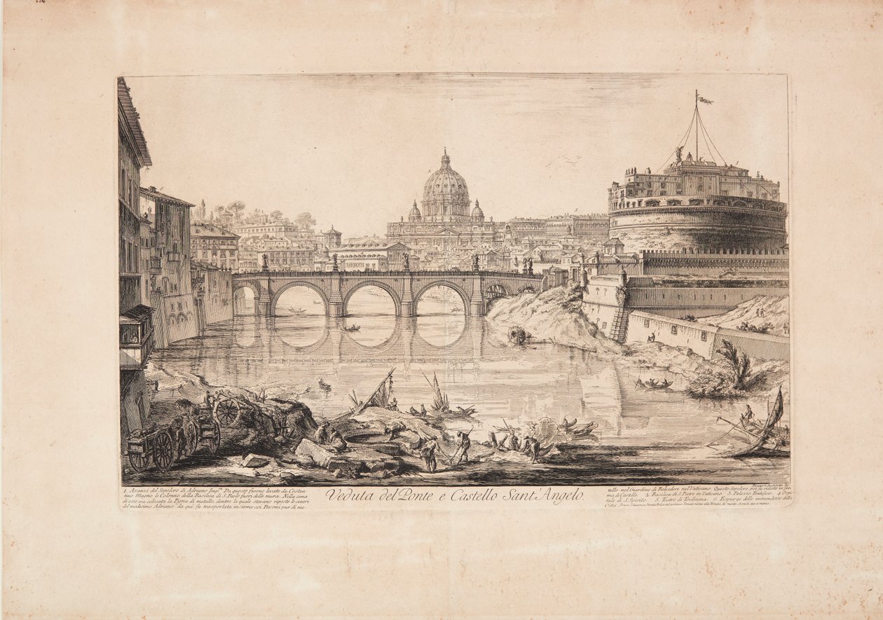 Gezicht op de brug en de Engelenburcht, het Mausoleum van Hadrianus, met boten op de Tiber op de voorgrond en de koepel van de Sint-Pietersbasiliek op de achtergrond door Giovanni Battista Piranesi
