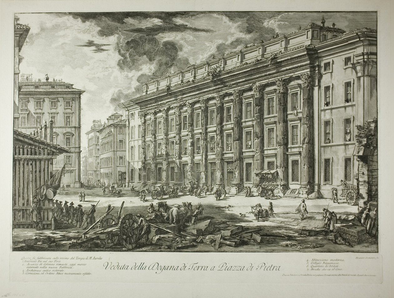 Gezicht op het Douanehuis op Piazza di Pietra, gebouwd in de ruïnes van de Tempel van Marcus Aurelius Antoninus Pius in zijn Forum, uit Gezicht op Rome door Giovanni Battista Piranesi
