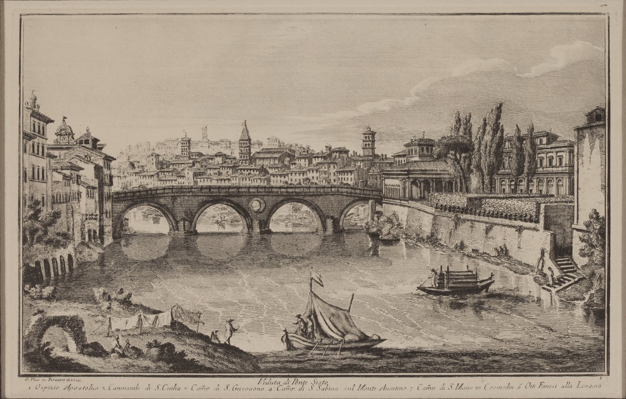 Uitzicht op de Sisto Brug, c.1778-92 (ets) door Giovanni Battista Piranesi