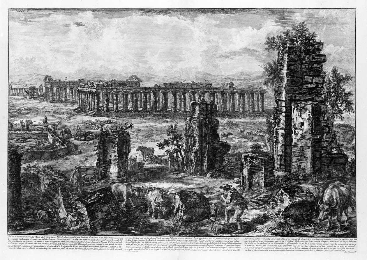 Uitzicht op de Tempels van Paestum (litho) door Giovanni Battista Piranesi