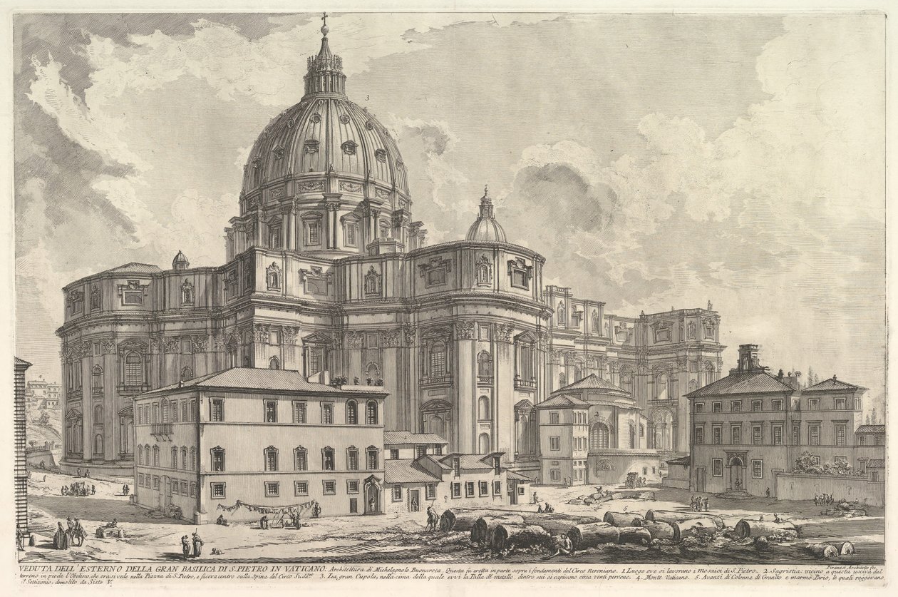 Uitzicht op de buitenkant van de Sint-Pietersbasiliek in het Vaticaan, uit Vedute di Roma Roma, ca. 1748 door Giovanni Battista Piranesi